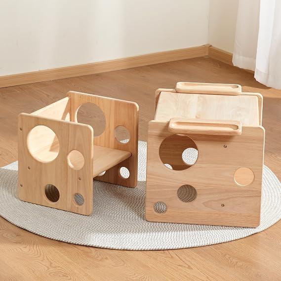 Woodtoe Montessori Weaning Table and Chair Set, Adjustable Toddler Table and Chair, Solid Wood Activity Table, Perfect for Studying, Eating and Play Montessori Furniture for Babies, Kids, Boys and
