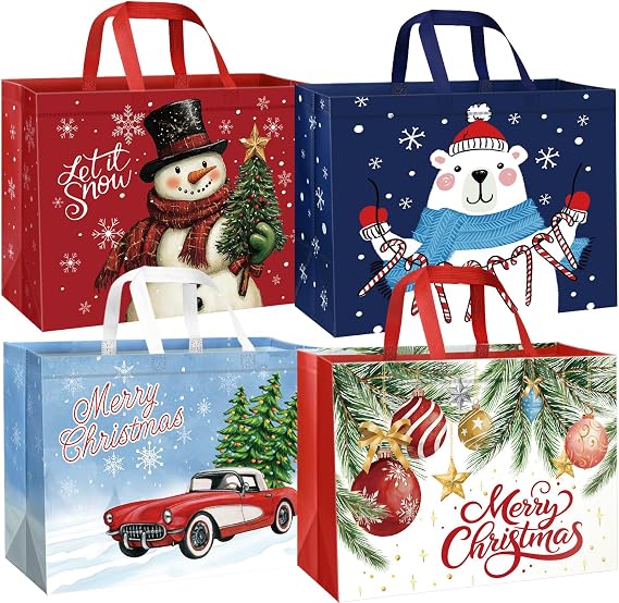 Xylitic 12 Pack Extra Large Christmas Gift Bags with Handles, Reusable Non-Woven Christmas Tote Bag Bulk for Presents Wrapping, Shopping Xmas Party Supplies, 17"x12.8"x7.1"