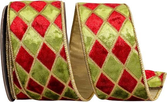 Ribbon - Diamond Velvet Metallic Dupioni Backed Ribbon, Scarlet/Moss, 2-1/2 Inch, 5 Yards
