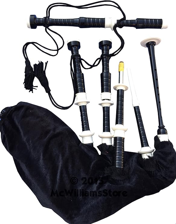 McWilliams SCOTTISH HIGHLAND BAGPIPE IVORY MOUNTS BLACK VELVET TARTEN AND BAG