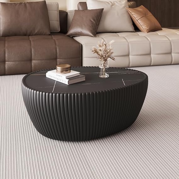 Oval Coffee Table with Metal Base, Drum Bowl Coffee Table with Sintered Stone Tabletop and Fluted PU Leather Covered, Center Tea Table for Living Room Home (Oval Black, 32.16 in)
