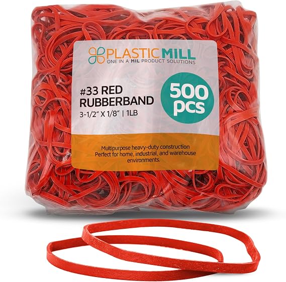 PlasticMill #33 Rubber Bands, Office Supplies, Red, 1LB 500-Pack