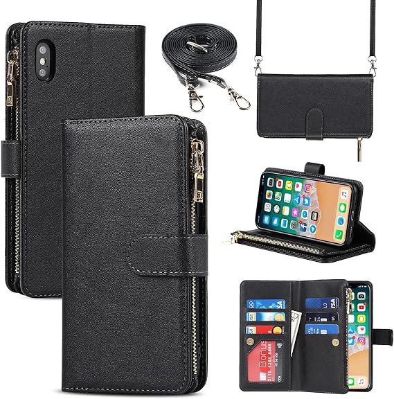 Crossbody Wallet for iPhone Xs Max Case with Strap,6.5",Black