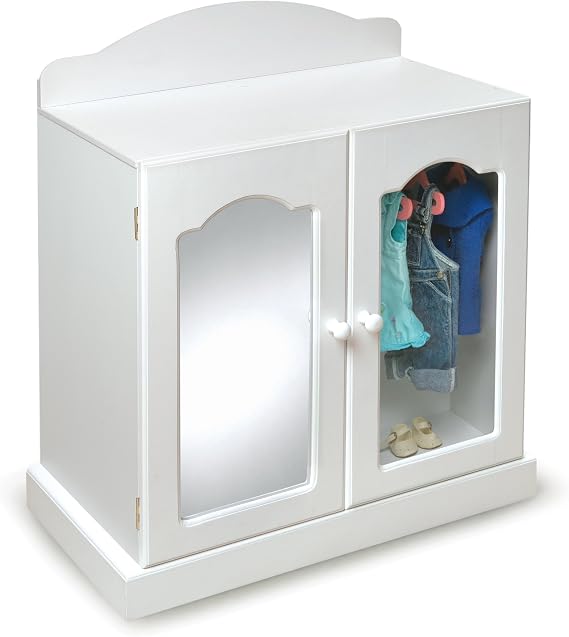 Badger Basket Mirrored Doll Armoire - Wooden Closet with 3 Hangers, 3 Storage Baskets, and See-Through Door - Fits 18 Inch Dolls and More - Toy Wardrobe for Kids Ages 3+ White
