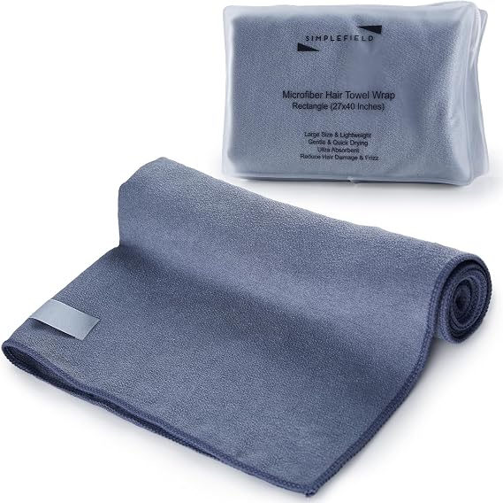 SimpleField Large Microfiber Hair Towel Wrap (27x40 Inches) for Women, Anti-Frizz Flat Rectangle Drying Towel with Full Hair Coverage Design, Elastic Band for Long, Curly and Thick Hair (Grey)