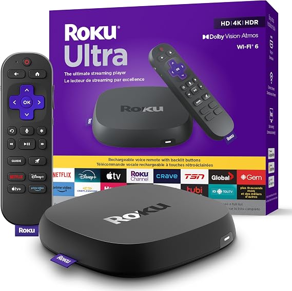 Roku Ultra 2024 | The ultimate streaming player - 4K streaming device with HDR10+, Dolby Vision and Atmos - Bluetooth and Wi-Fi 6 - Rechargeable Voice Remote Pro with Backlit Buttons -