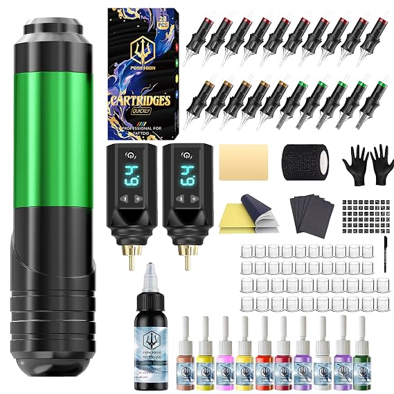 POSEIDON Wireless Tattoo Gun Kit with 2 Batteries for Beginners & Artists