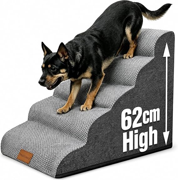 Wide Dog Stairs 5 Steps 62 cm High for Small Dogs High Density Foam Pet Stairs Washable Cover and Non-Slip Base