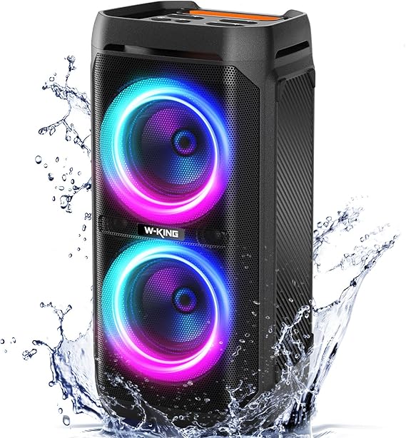 W-KING 100W Bluetooth Speakers V5.3, Portable IPX6 Waterproof Party Speaker/110dB Large Audio/DSP, Illuminated Karaoke Outdoor Boombox/Microphone and Guitar Port/ECHO/USB/Adapter
