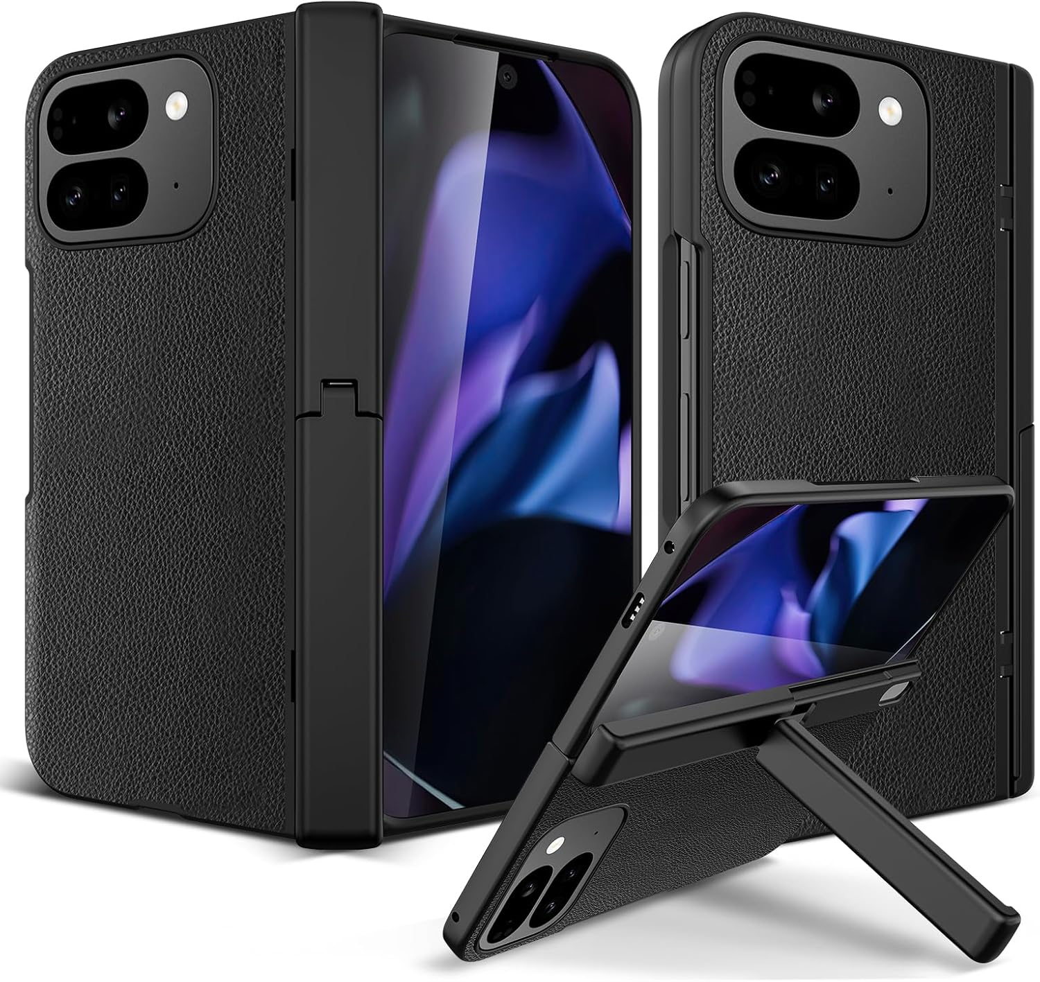 Keallce for Google Pixel 10 Pro Fold Case 2025 with Outer Screen Protector, Hidden Kickstand, Leather Texture PC Full-Body Shockproof Hinge Protection Protective Cover for Pixel 10 Pro Fold 5G - Black
