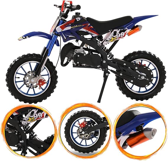 50cc 2-Stroke Kids Dirt Bike, Dirt Bike for Kids 8-14, Gas Power Pocket Rocket Bike with 10" Wheel & Front Rear Disc Brakes, Off Road Mini Motorcycle Max Speed 40KM/H Blue