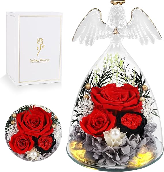 YOFIT Gifts for Women Mom Mother's Day-Preserved Roses in Glass Angel Figurine, Forever Fresh Flowers for Her Grandma, Gifts for Valentines Birthday (Red, Lights)