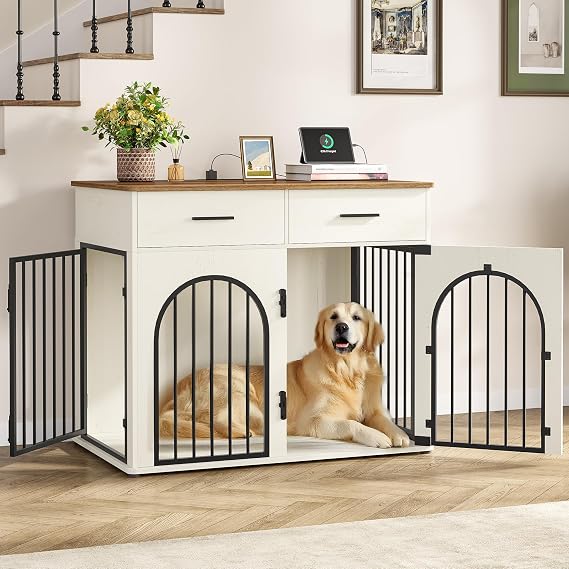 Hzuaneri 43.3'' Dog Crate Furniture with Storage & Power Indoor Dog Kennel | Barn Door Wooden Pet Cage with 2 Drawers, Furniture Style Dog Crate End Side Table for Med-Large Dogs, White Brown DFC88214B