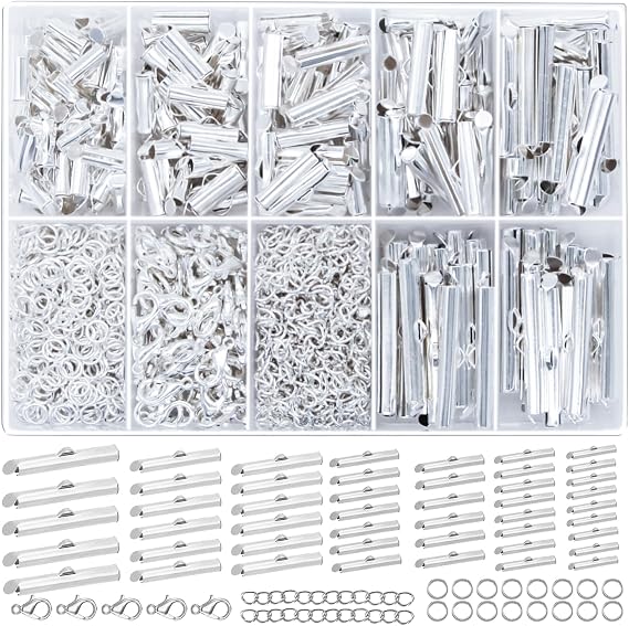 EuTengHao Silver Slider Clasp Kit for Beading, Tube Slide Cord Ends with Lobster Clasp, Chain Extender, Jewelry Findings for Beading Necklace Bracelet Making (6 Sizes, Bright Silver, 540Pcs)