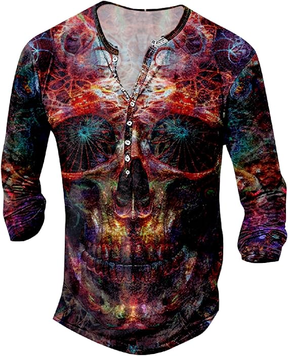 DMOYALA Henley Shirts for Men Long Sleeve Graphic T Shirts Vintage 3D Cross Skull Wolf Shirts Slim Distressed Cotton Tee