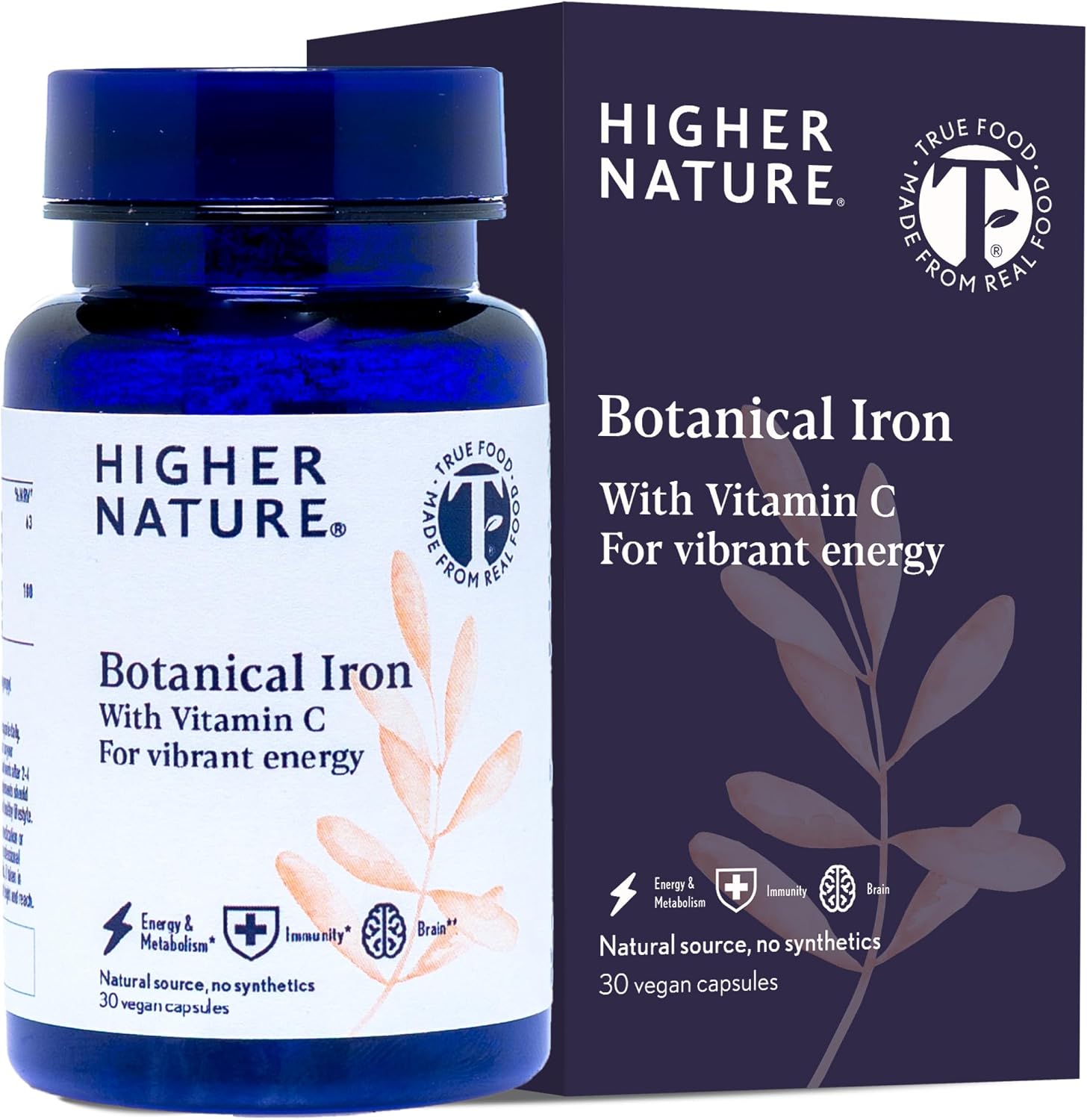 Higher Nature - Botanical Iron with Vitamin C - Natural &amp; Gentle Iron Supplement for Women &amp; Men - Supports Energy, Cognitive Function &amp; Normal Immune Function - True Food® Formula - 30 Capsule