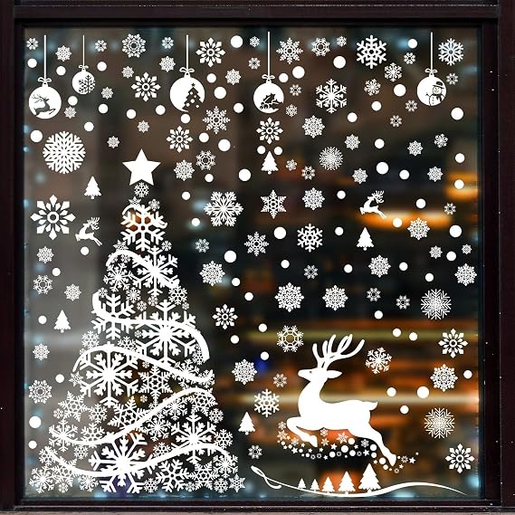 Aneco 270 Pieces Large Christmas Tree Window Clings White Reindeer Snowflake Xmas Windows Decorations Stickers Reusable Winter Window Door Decals for Holiday Display