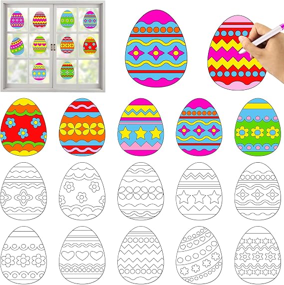 Qyeahkj 30 Set Easter Egg Arts Crafts for Egg Suncatchers Craft Kit DIY Coloring Craft Window Cling Sticker Easter Theme Party Gift for Home Ornaments Decorations