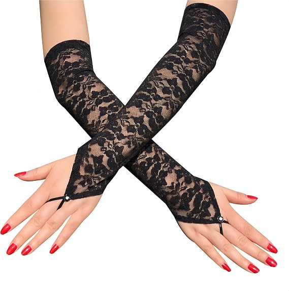Womens Long Lace Gloves, Elbow Length Fingerless Lace Gloves Opera Party 20s Evening Wedding Prom Dance Party