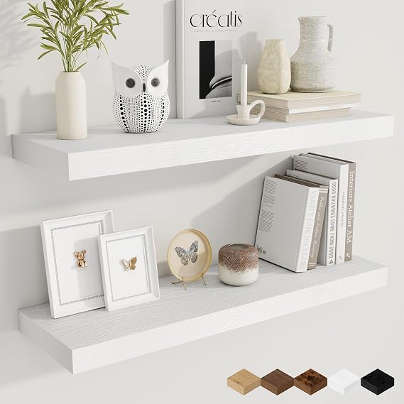 Fun Memories 9.3Inch Deep Floating Shelves for Wall, 32 Inch Rustic Wood Wall Mounted Shelves for Bathroom, Bedroom, Kitchen, Deep Floating Shelf for Storage & Home Decor (White, Set of 2)