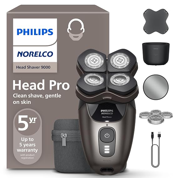 Philips Norelco Head Shaver Pro 9000 Electric Shaver, Clean & Gentle Shave | Electric Shaver for Men and Women, 360 Flexing Head, ComfortCut Blades, PowerAdapt Sensor, 90-Min Runtime, HS9980/40