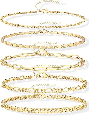 Gokeey Ankle Bracelets for Women Waterproof, 14k Gold Plated Jewelry Set Layered Cuban Figaro Link Chain Anklets Set Gold Anklets Summer Boho Beach Jewelry Gift Adjustable Size