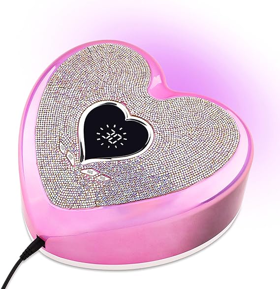 Nail Lamp, 96W Rechargeable UV Light for Nails/Acrylic Polish, LED Nail Lamp with 4 Timer Modes, Sparkling Heart Shape UV Nail Lamp Decorate with Colorful Nail Rhinestones Diamond (Pink)