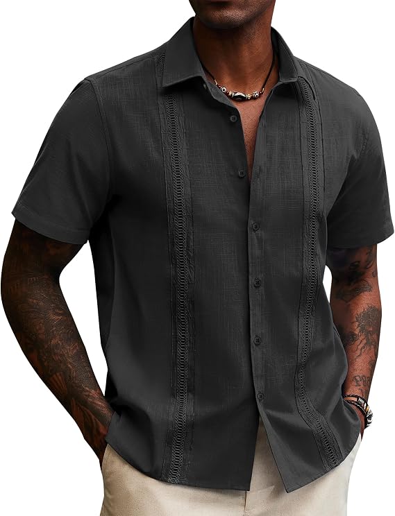 Lion Nardo Guayabera Linen Shirts for Men Short Sleeve Button Down Shirt Hawaiian Shirt Cuban Summer Shirts Beach Shirts