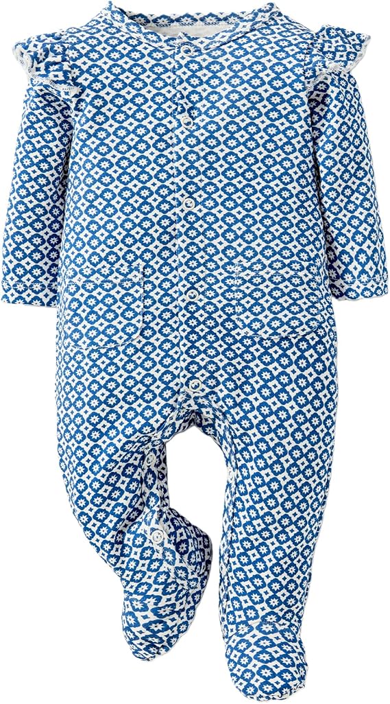 Baby Girls Ruffled Sleeve Footed Romper - 100% Cotton Snap Closure Jumpsuit with Small Pocket