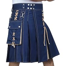 Scottish Modern Two Tone Cotton Utility Kilts for Men-Sports Utility Kilt-Wedding Kilt Belly Button Waist 44, Navy Blue & Khaki Cotton