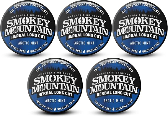 Smokey Mountain Herbal Long Cut Arctic Mint, 5 Can Box | Refreshing arctic mint flavor in a tobacco-free, nicotine-free herbal long cut with 5 cans for lasting enjoyment.