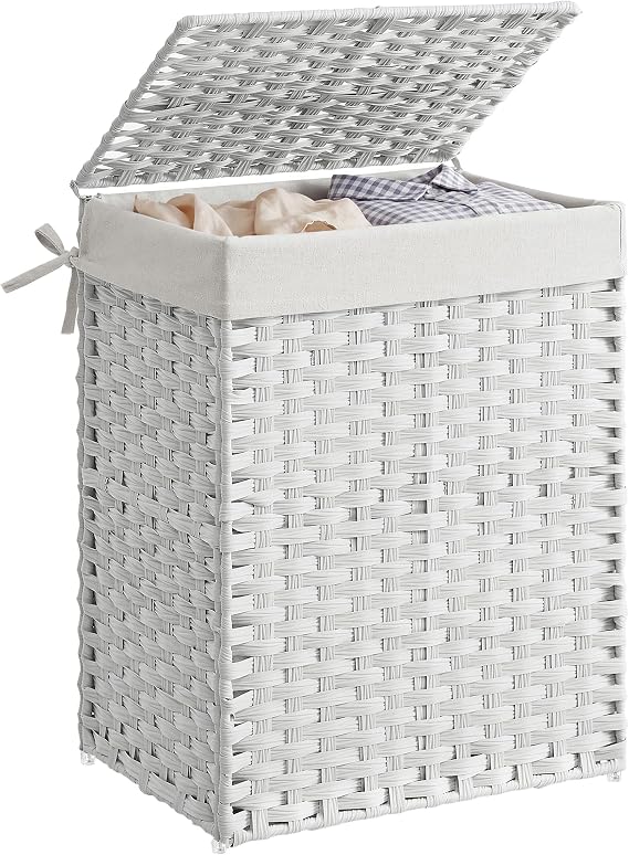 SONGMICS Handwoven Laundry Basket, 90L Synthetic Rattan Clothes Hamper with Lid and Handles, Foldable, Removable Liner Bag, White LCB51WT