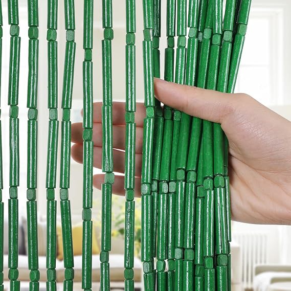 Handmade Bamboo Beaded Curtains for Doorways, 65 Strands 35.5"x78.7", Green | Natural Wood Boho Hanging Door Beads Curtains Room Divider for Home Decor Hallway Window