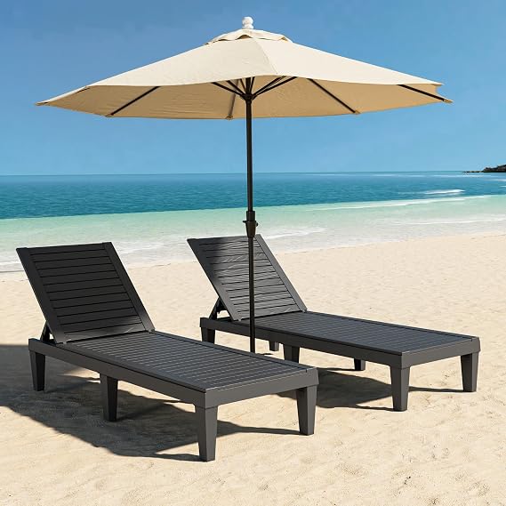 NUNU LAB Outdoor Chaise Lounge Set of 2, Lightweight Patio Chairs Waterproof Sun Loungers Chair, 5-Positions Adjustable Pool Lounge Chair for Garden Beach Patio Poolside Lawn and Deck, Striped Black