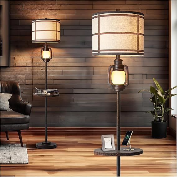 Rustic Farmhouse Floor Lamp For Living Room with Nightlight and Metal Tray | Vintage Tall Lamp With Linen Fabric Shade, Industrial Standing Lamp For Bedroom Office Home House Study, LED Bulb Included