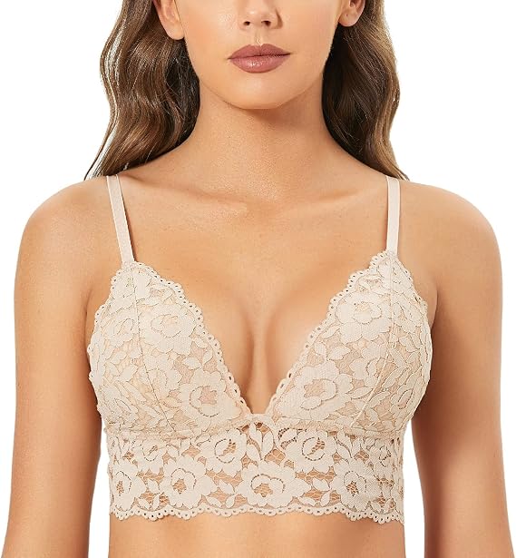 DOBREVA Women's Lace Padded Bralette Plunge Wireless Longline Bra for A to D Cups