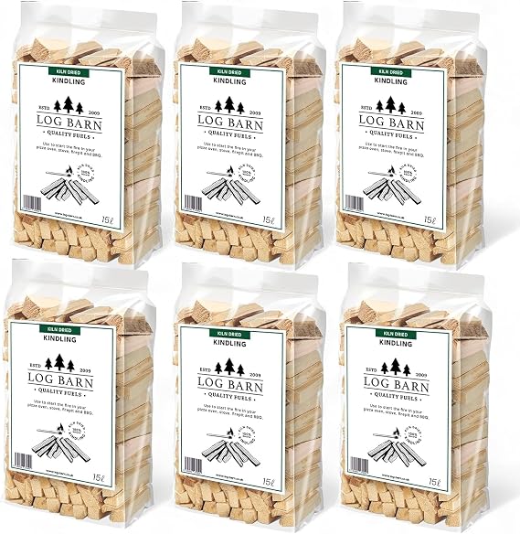 Log Barn Kiln-Dried Kindling Wood for Fires – approx. 13kg 6 x 15l bags