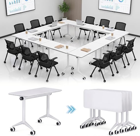 55 Flip Top Training Table with Lockable Wheels, Mobile Nesting Folding Conference Table, Space Saving Seminar Desk for Classroom, Office, Library (4, White, 47"16"30")