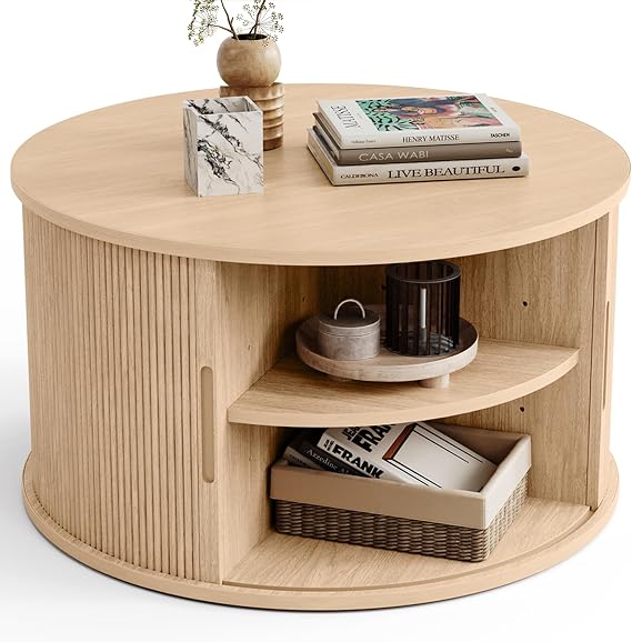 LINSY HOME Round Coffee Table, 31.5" Drum Coffee Table with Sliding Tambour Door, Fluted Accent Center Table with Storage, Mid Century Modern Coffee Table for Living Room, Oak