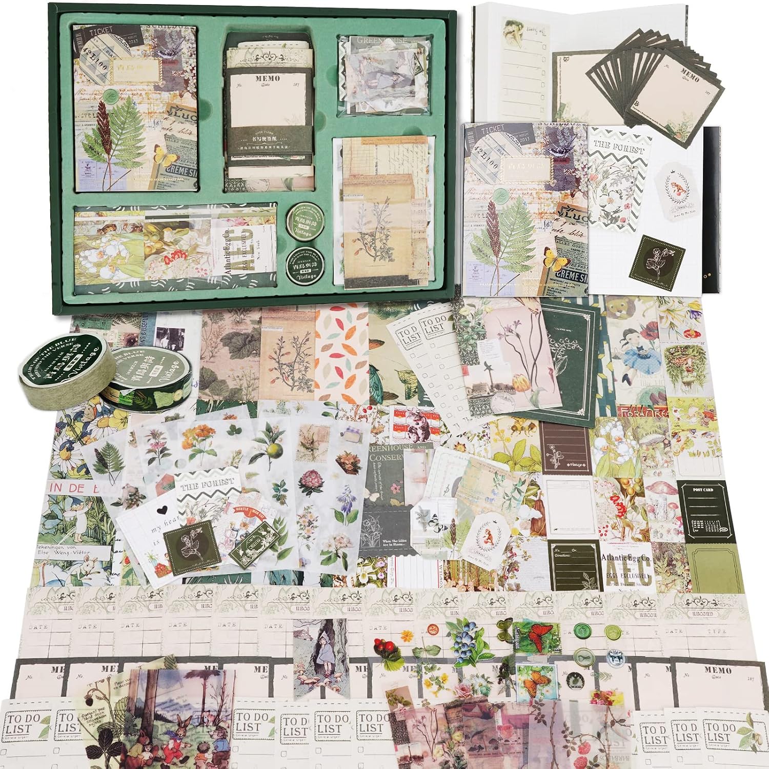LA QUEENIE Aesthetic Scrapbook Kit, Vintage Botanical Scrapbooking Supplies Kit for Bullet Junk Journal, A6 Grid Notebook, Birthday Gifts for Women Teen Girl Kid Green