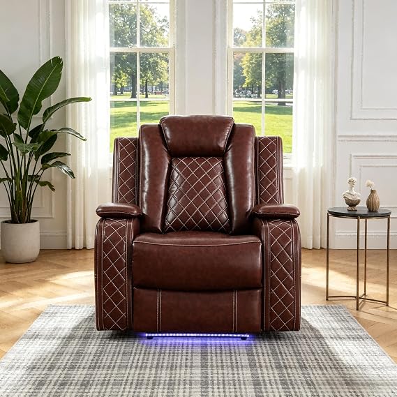Home Theater Seating Leather Recliner Chair, Movie Theater Chairs Recliner Sofa with USB Charge, Power Living Room Chair with Hidden Arm Storage, LED Lighting for Home Theater/Rv(Red)