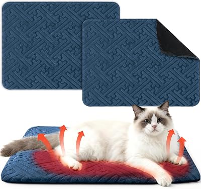 2 Pcs Winter Self Warming Cat Bed, Self Heating Cat Dog Pad 20 x 16 Inch Outdoor Warm Thermal Mat Pad with Removable Cover Non-slip Bottom Washable Reflects Body Heat for Indoor Small DogBlue