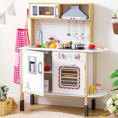 Tinysure Play Kitchen for Kids - Toy Kitchen Set for Toddlers with Realistic Lights and Sounds, Kids Kitchen Playset with Abundant Toy Food Set, Best Gift for Ages 3