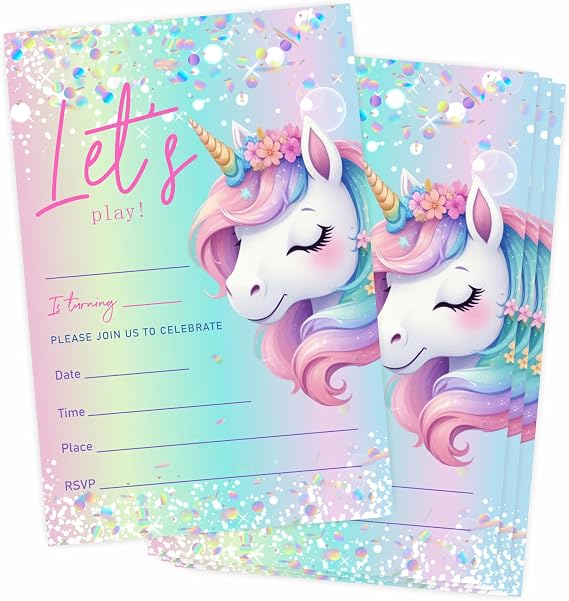 Set Of 20 Magical Unicorn Birthday Invitation Cards - Let's Play Colorful Unicorn Invites With Envelopes - Double Side Fill In Style Party Celebration Favor & Supplies - A10