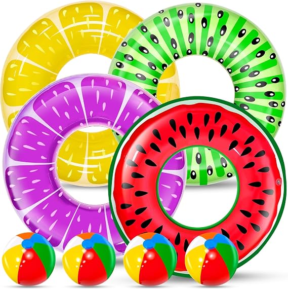 8 Pack Inflatable Pool Floats, Pool Toys for Swimming Pool Party Kids Adult | 4 Fruit Swim Tube Rings+ 4 Beach Balls, Durable PVC Pool Floaties, Perfect for Pool/Lake/Beach/Luau/Hawaiian Decorations