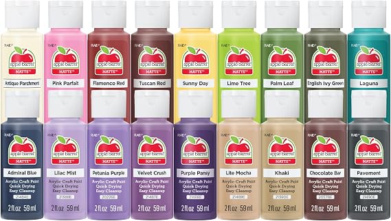 Apple Barrel PROMOABII Matte Finish Acrylic Craft Paint Set Designed for Beginners and Artists, Non-Toxic Formula That Works on All Surfaces, 2 Fl Oz (Pack of 18), 18 Colors May Vary, Count