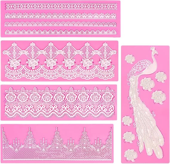 Beasea Silicone Lace Molds, 5pcs Lace Fondant Molds Silicone Cake Pattern Decoration Mats for Party Wedding Cake Decoration Craft DIY - Pink
