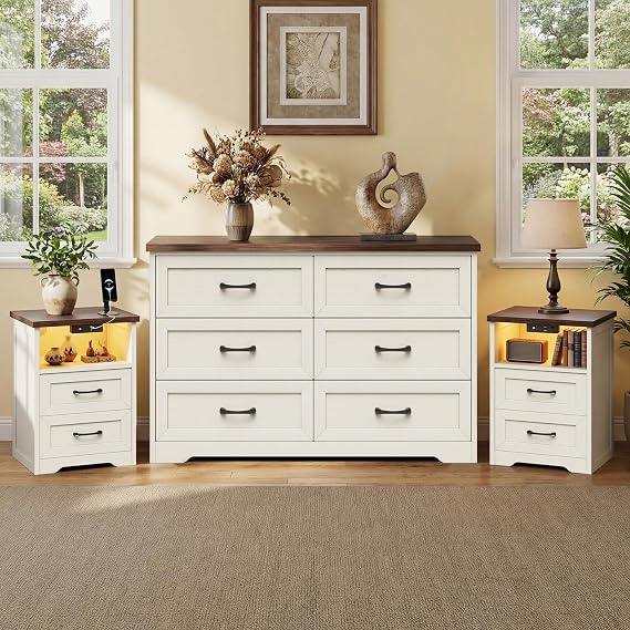 AODK 3-Piece Bedroom Set 47" Wide 6-Drawer Dresser + 2 Farmhouse Nightstands with 2 Drawers & Charging Station & RGB LED Lights Engineered Wood, Anti-Tip Design, Rustic White & Dark Walnut