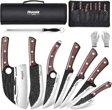 Huusk Butcher Knife Set for Meat Cutting 10pcs Viking Kitchen Serbian Chef Knife with Roll Bag Hand Forged Brisket Knives Meat Cleaver for Men Gift BBQ Outdoor Camping