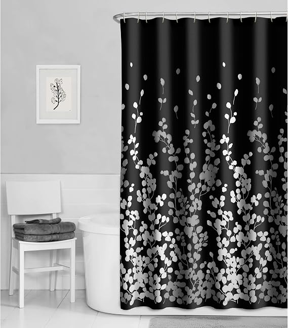 Black and White Printed Faux Silk Fabric Shower Curtain, 70 x 72 Inches